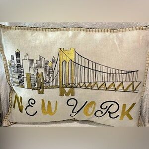 New York Skyline Ivory Metallic Gold Black Rectangular Throw Burlap Pillow 14x20